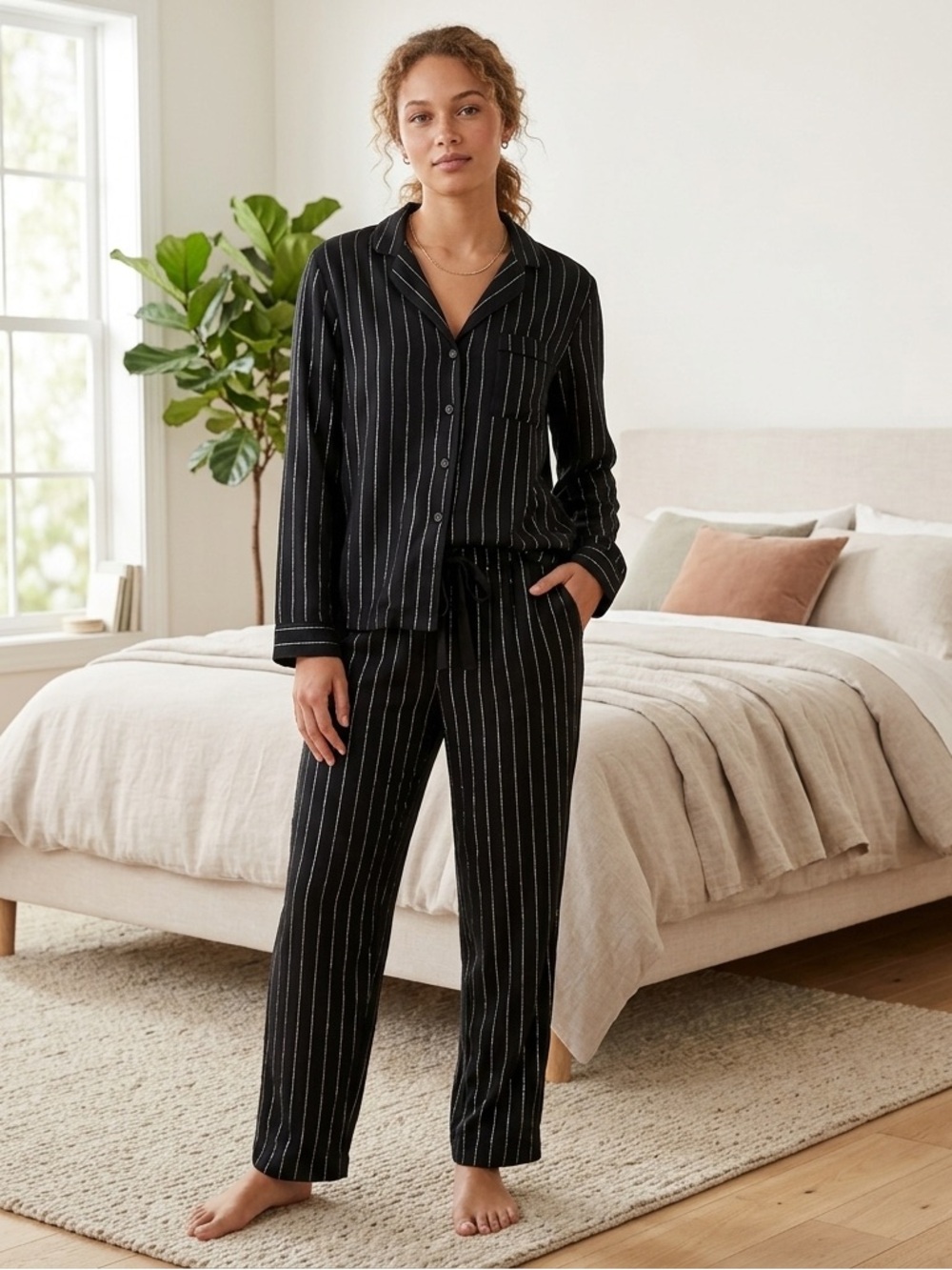 Victorias Secret PINK XS Black Silver Glitter Metallic Stripe Cozy PJ Lounge Set